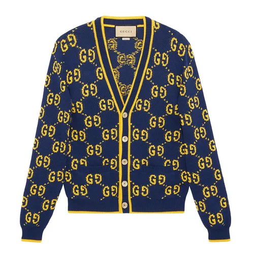 Thời trang - Áo Len Cardigan Nam Gucci GG Knit Cotton Piquet Màu Xanh/Vàng Size S - Vua Hàng Hiệu