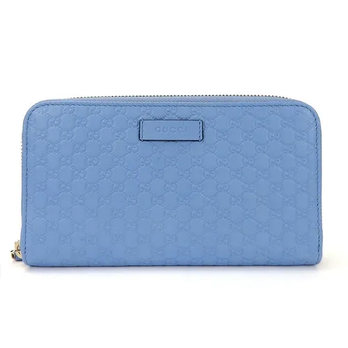 Ví Nữ Gucci GG Round Long Wallet 449391 Sima Micro Zip Around Leather Màu Xanh Blue