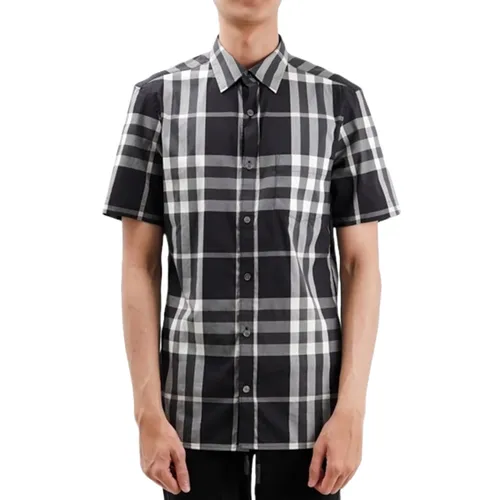 Áo Sơ Mi Nam Burberry Poplin With Check Pattern Màu Đen Kẻ Trắng Size XS