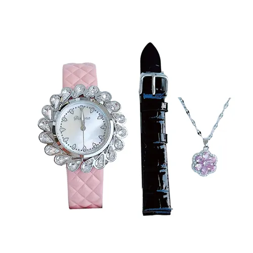 Davena - Đồng Hồ Nữ Davena Quartz Watch 31000 Màu Đen (Kèm Dây Da Hồng + Dây Chuyền) - Vua Hàng Hiệu
