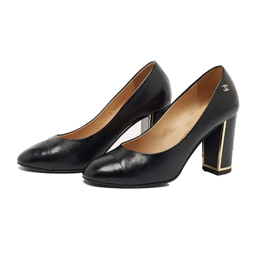Giày Chanel Nữ - Giày Cao Gót Nữ Chanel Black Leather Cap Toe CC Block Heel Màu Đen Size 35.5 - Vua Hàng Hiệu
