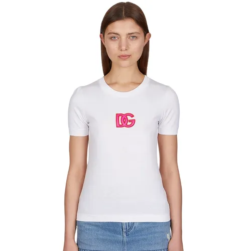 Thời trang Dolce & Gabbana Nữ 100% Cotton - Áo Phông Nữ Dolce & Gabbana D&G White With DG Logo Embroidered Tshirt F8N08Z GDCCF W0800 Màu Trắng - Vua Hàng Hiệu