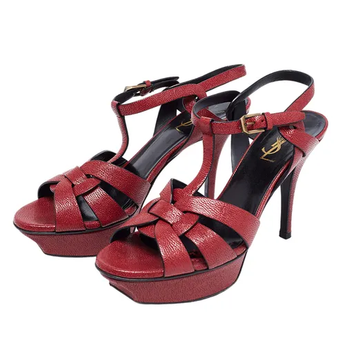 Dép YSL - Dép Cao Gót Nữ Yves Saint Laurent YSL Tribute Pebbled Platform Sandals Màu Đỏ Size 36 - Vua Hàng Hiệu