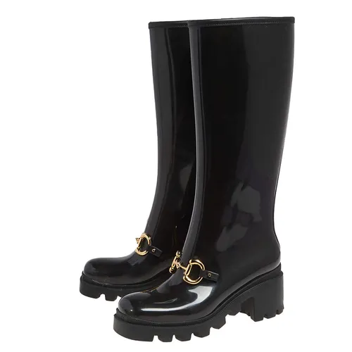 Giày Boot Nữ Gucci Black Rubber Horsebit Knee Length Màu Đen