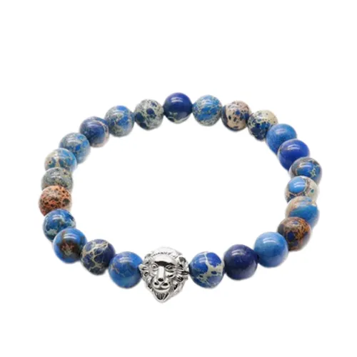 Vòng Đeo Tay Nam Viya Jewelry VJLB-03BL Premium Blue Map Agate Natural Stones With Lion Head Gold Plated Màu Xanh Blue Size 20.5cm
