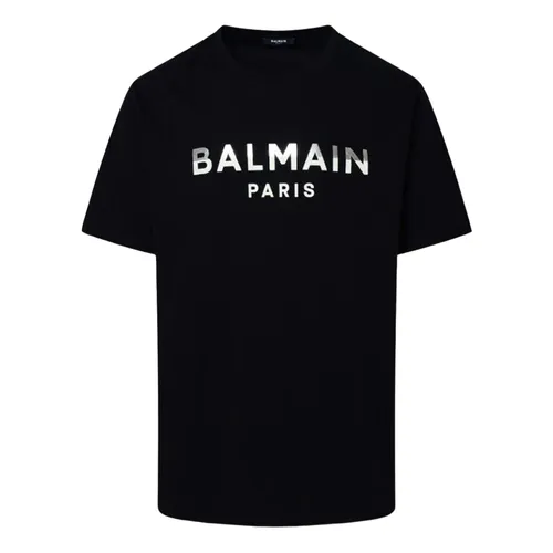 Áo Phông Nam Balmain Black With Silver Logo Printed BH0EG010/BC58EHZ Tshirt Màu Đen