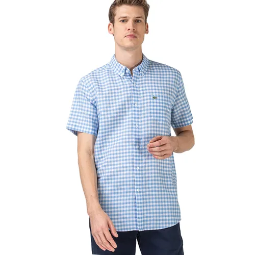Áo Sơ Mi Cộc Tay Nam Lacoste Men's Regular Fit Plaid Patterned CH0053K.53M Màu Xanh Trắng Size 39