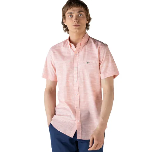 Áo Sơ Mi Cộc Tay Nam Lacoste Slim Fit Men's Shirt Short Sleeve CH0132K Màu Hồng Cam Size 39