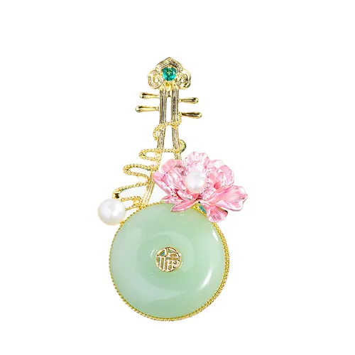 Cài Áo Nữ Meri Đàn Tỳ Bà Và Hoa Hải Đường BR669 Màu Xanh Hồng