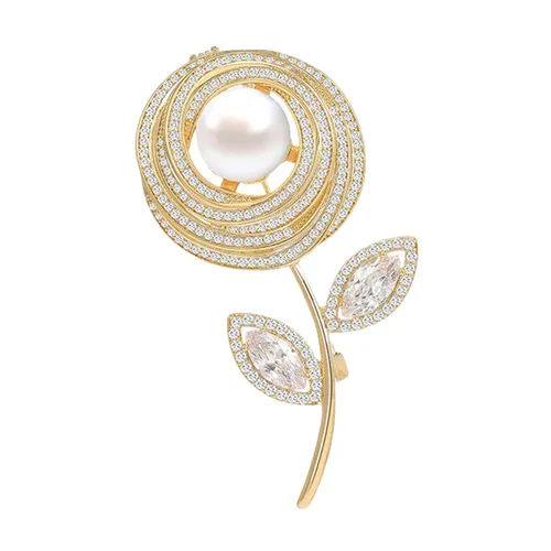 Cài Áo Nữ Meri Hoa Hồng Ngọc Trai Sang Trọng BR646 Màu Vàng