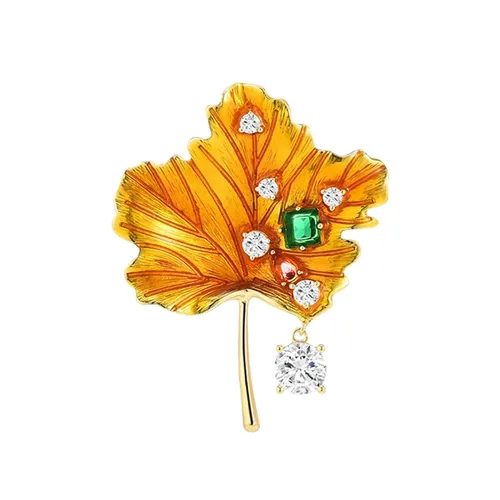 Cài Áo Nữ Meri Lá Ginko Khảm Đá Sang Trọng BR584 Màu Vàng