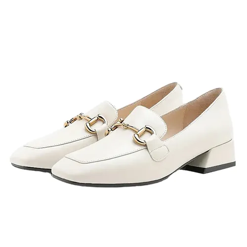 Giày Lười Nữ Pazzion Arwen Classic Metal Buckle Leather Loafers 0191751BE34 Màu Trắng