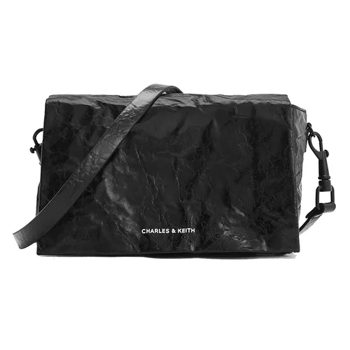 Túi Đeo Chéo Nữ Charles & Keith CNK Matina Crinkle Effect Crossbody Bag Jet Black 80782348 Màu Đen