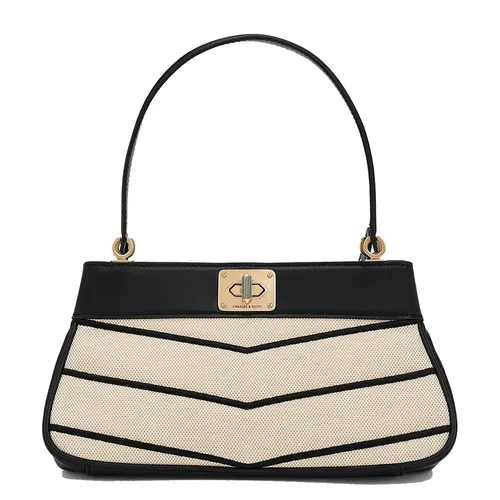 Túi Xách Nữ Charles & Keith CNK Eleni Canvas Chevron Shoulder Bag Multi 50671630-1 Màu Be Đen
