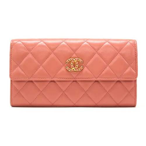Ví Nữ Chanel 19 Line Flap Lambskin Matelasse G Hardware Leather Long Wallet Cover Lid AP0795 Pink Màu Hồng