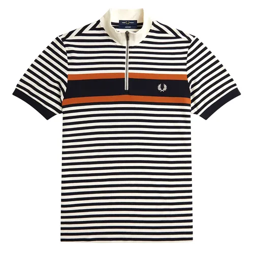 Thời trang Fred Perry - Áo Polo Nam Fred Perry Zip Neck Polo In Cream Stripe Kẻ Đen Size XS - Vua Hàng Hiệu