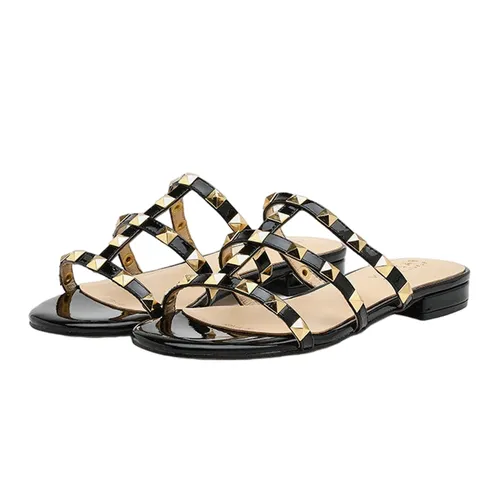 Dép Pazzion - Dép Nữ Pazzion Ingrid Gold Studded Cage Patent Leather Slides 0125971BK34 Màu Đen - Vua Hàng Hiệu