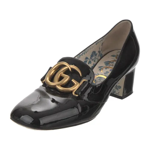 Giày Cao Gót Nữ Gucci Patent Leather Mid Heel Pump With Double G In Black Màu Đen Size 34.5