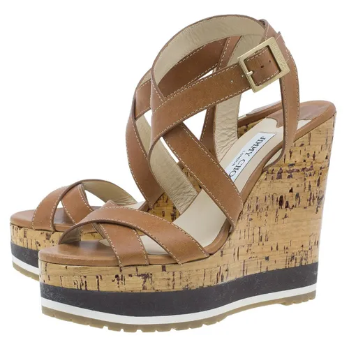 Giày Jimmy Choo - Giày Cao Gót Nữ Jimmy Choo Brown Leather Criss Cross Ankle Wrap Wedges Màu Nâu Size 36.5 - Vua Hàng Hiệu