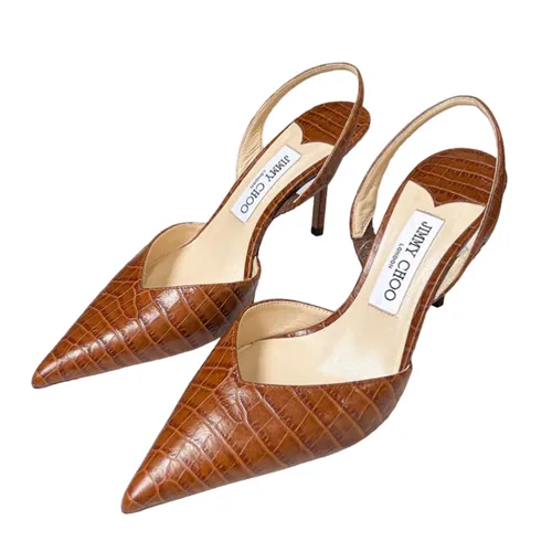 Giày Jimmy Choo - Giày Cao Gót Nữ Jimmy Choo Thandi 85 Croc-Embossed Leather Slingback Pumps Màu Nâu Be Size 37 - Vua Hàng Hiệu
