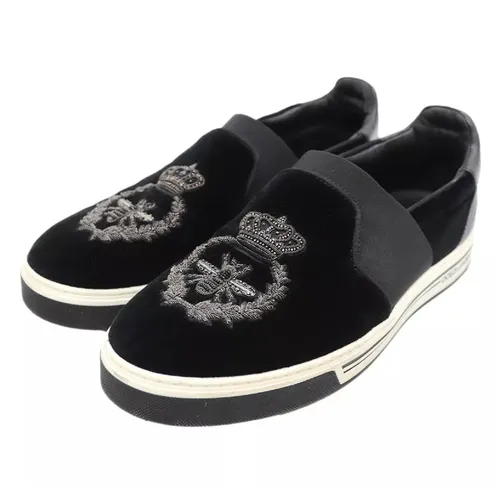 Giày Slip On Nữ Dolce & Gabbana D&G Emblem Embroidery Velvet CS1514 Màu Đen Size 5.5