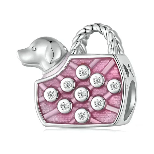 Trang sức - Hạt Vòng Charm Nữ Lili Jewelry Đính Đá CZ Cassandra LILI_085802 Túi Xách Chú Chó Màu Bạc Phối Hồng - Vua Hàng Hiệu
