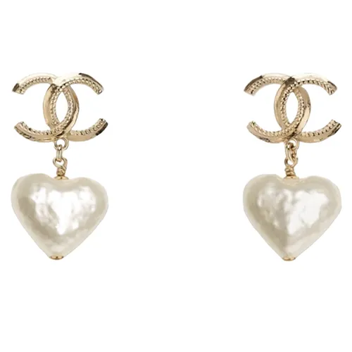 Khuyên Tai Nữ Chanel 22C Heart Pearl Pendant CC Dangle Earrings Màu Vàng