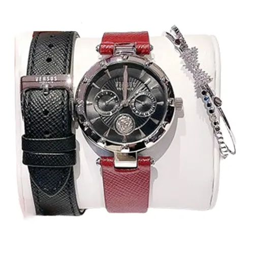 Versace - Set Đồng Hồ Nữ Và Vòng Tay Versace Versus 36mm Stainless Steel & Leather Chronograph Watch VSPOS4421 Màu Đen - Vua Hàng Hiệu