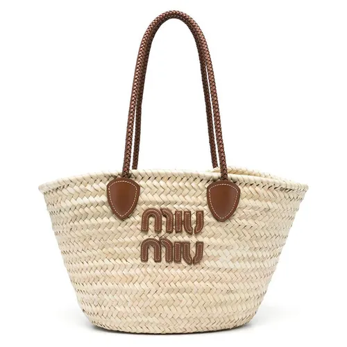 Túi xách - Túi Cói Xách Tay Nữ Miu Miu Logo-Appliqué Woven Tote Bag Màu Be Nâu Size M - Vua Hàng Hiệu