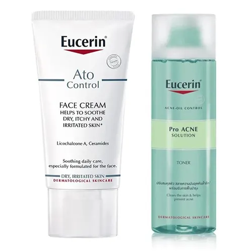 Eucerin - Combo Kem Dưỡng Eucerin Ato Control Soothing Và Nước Cân Bằng Eucerin Acne Oil Control ProAcne Solution Toner (50ml + 200ml) - Vua Hàng Hiệu