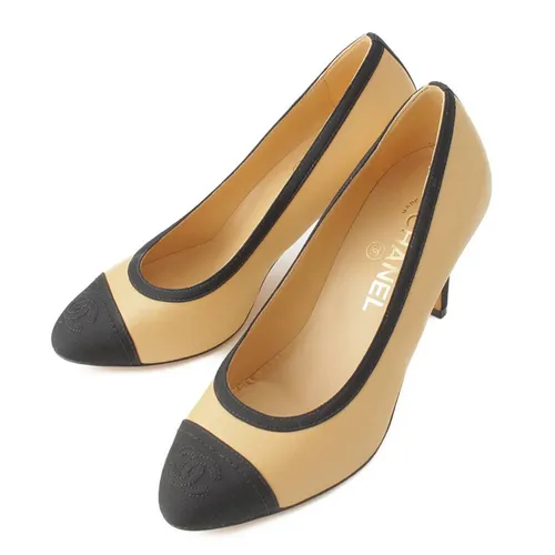 Giày Chanel Nữ - Giày Cao Gót Nữ Chanel Coco Mark Leather Lambskin Heel Pumps Màu Be Đen Size 36.5 - Vua Hàng Hiệu
