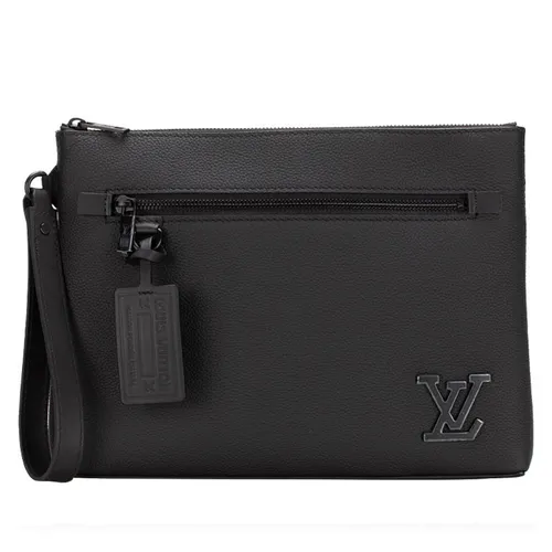 Túi Cầm Tay Nam Louis Vuitton LV Grained Calfskin Aerogram Takeoff Pouch Black Màu Đen