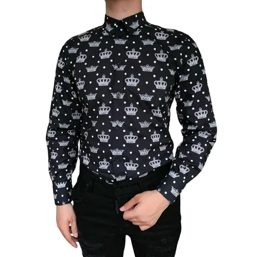 Dolce & Gabbana Đen Áo sơ mi - Áo Sơ Mi Nam Dolce & Gabbana D&G Crown Print Shirt G5EB4T Màu Đen Size 38 - Vua Hàng Hiệu