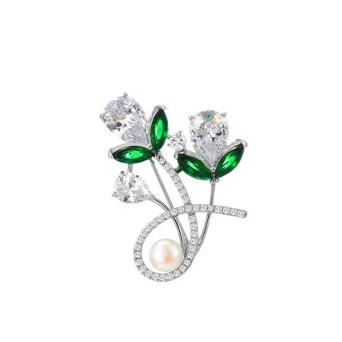 Cài Áo Nữ Kya Jewel Romantic Pearl Flower BR759 Màu Bạc - Xanh Rêu