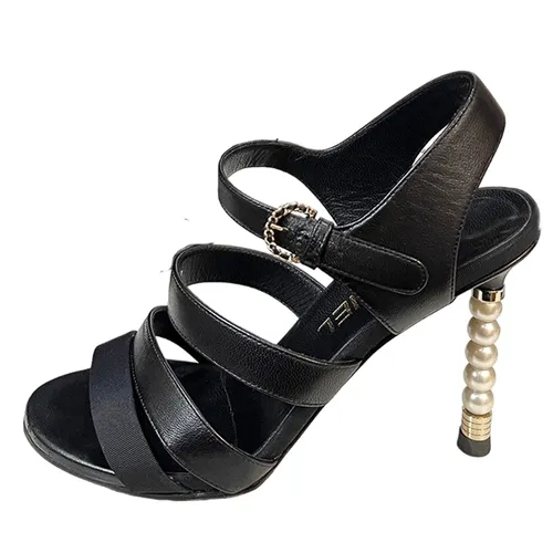 Dép - Dép Cao Gót Nữ Chanel Interlocking CC Logo Suede Slingback Sandals Màu Đen Size 35.5 - Vua Hàng Hiệu