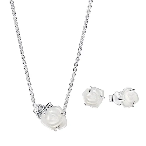 Set Dây Chuyền + Khuyên Tai Pandora White Rose in Bloom Jewelry Gift Set R800725 Màu Bạc - Trang sức - Vua Hàng Hiệu