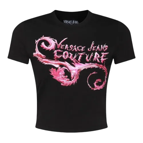 Thời trang Versace Áo phông - Áo Phông Nữ Versace Jeans Couture Black With Logo Printed 77HAHC00CJ02C899 Tshirt Màu Hồng Đen Size S - Vua Hàng Hiệu