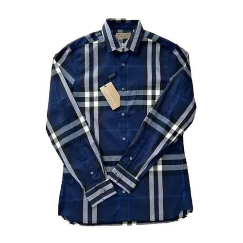 Áo Sơ Mi Nam Burberry Check Patterned Shirt Indigo Blue Màu Xanh Dương Size XS