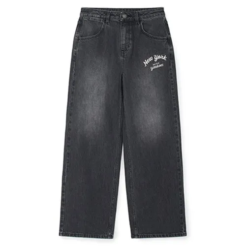 Thời trang - Quần Jean Nữ MLB Varsity Cursive Embroidery Wide Pants New York Yankees 3FDPV0144-50CGS Màu Xám Đen Size XS - Vua Hàng Hiệu