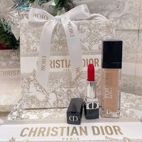 Son Môi - Set 2 Món Son Dior 999 Velvet Mini Màu Đỏ Tươi Và Kem Che Khuyết Điểm Forever Skin Correct Tone 2N (Kèm Túi) - Vua Hàng Hiệu