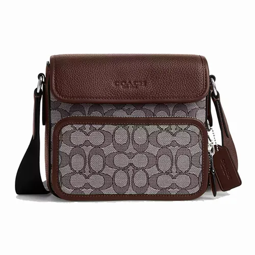 Túi Đeo Chéo Nam Coach Sullivan Flap Crossbody Bag In Signature Jacquard Silver/Oak/Maple CT834 Màu Nâu Xám  