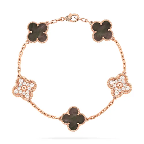 Vòng Đeo Tay Nữ Jewery Luxury Vintage Alhambra Bracelet 5 Motifs 18K Rose Gold Diamond Mother Of Pearl Màu Vàng Hồng - Trang sức - Vua Hàng Hiệu