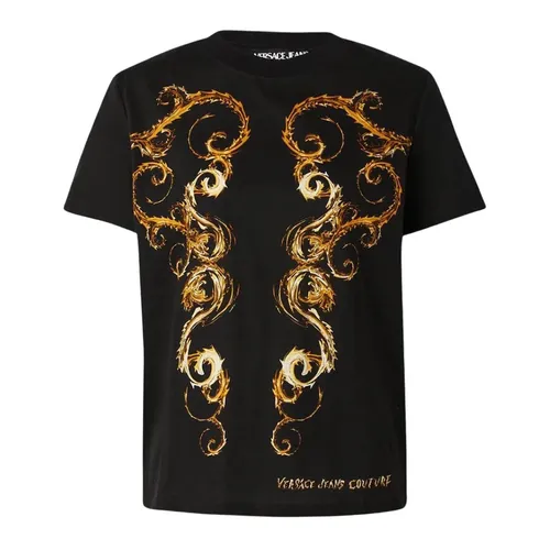 Thời trang Versace Áo phông - Áo Phông Nữ Versace Jeans Couture Black With Baroque Printed 77HAH6P3JS424G89 Tshirt Màu Đen Vàng Size XS - Vua Hàng Hiệu