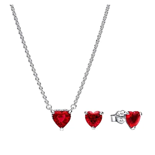 Set Dây Chuyền Và Khuyên Tai Nữ Pandora Sparkling Red Heart Jewelry Gift B802278-2 Màu Bạc Đỏ - Trang sức - Vua Hàng Hiệu