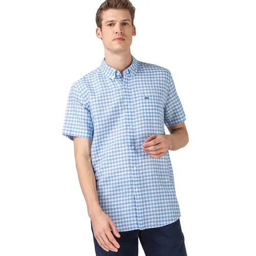 Áo Sơ Mi Nam Lacoste Regular Fit Short Sleeve Plaid Patterned Blue Shirt CH0053 - 53M Màu Xanh Nhạt Size 39