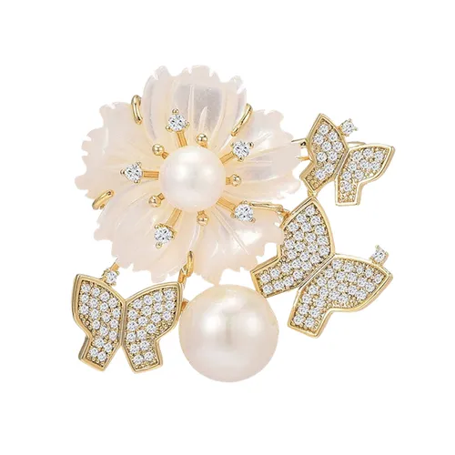 Cài Áo Nữ Kya Jewel Hoa Xà Cừ Và Bướm BR645 Màu Trắng Vàng - Phụ kiện - Vua Hàng Hiệu