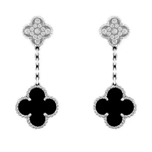 Khuyên Tai Nữ Jewery Luxury Clover Motifs Silver Diamond Onyx Earrings Màu Bạc - Trang sức - Vua Hàng Hiệu