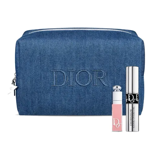 Set Son Dưỡng Và Chuốt Mi Mascara Dior Pouch Vanity Denim Fabric Mark Embroidery 3 Món