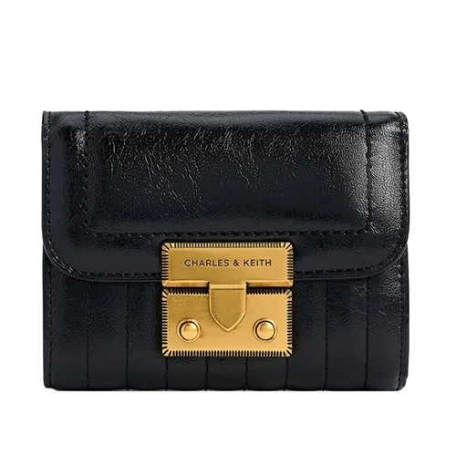 Túi xách - Ví Nữ Charles & Keith CNK Donna Crinkle-Effect Wallet CK6-10681149 Màu Đen - Vua Hàng Hiệu