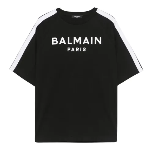 Thời trang Balmain Nữ - Áo Phông Nữ Balmain In Black With White Stripe On Sleeve BV8R71 J0177 Tshirt Màu Đen - Vua Hàng Hiệu